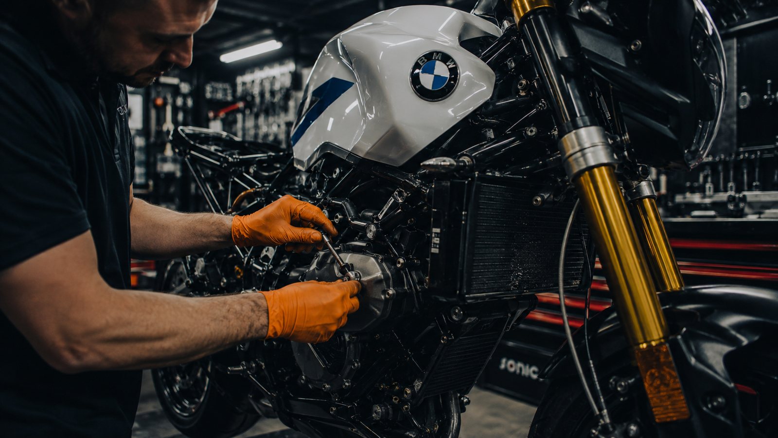 Tecnico SBH durante manutenzione su BMW Motorrad in officina